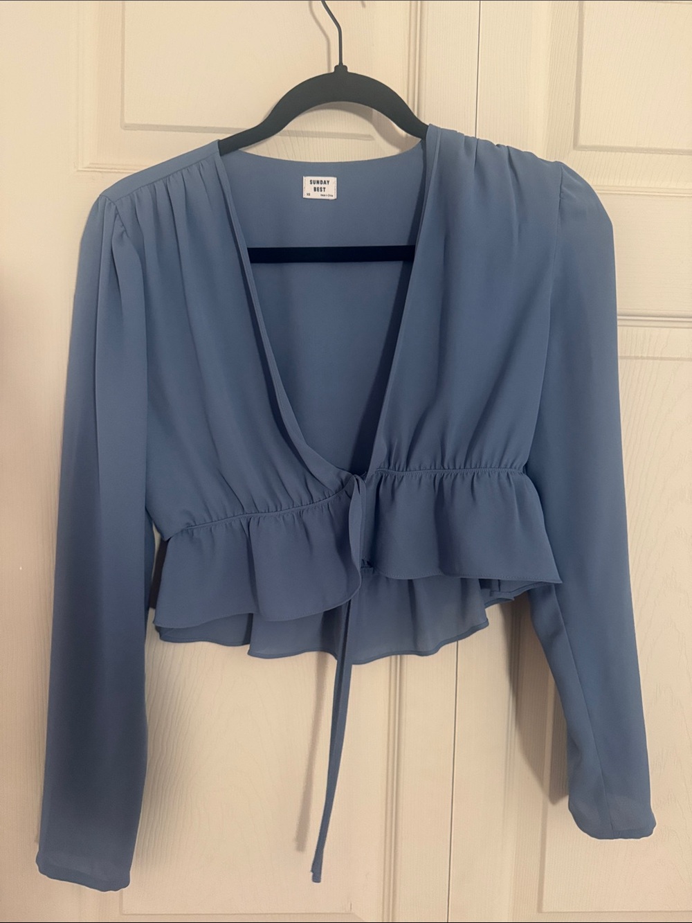 Sunday Best Dusty Blue Ruffle Tie-Front Blouse
